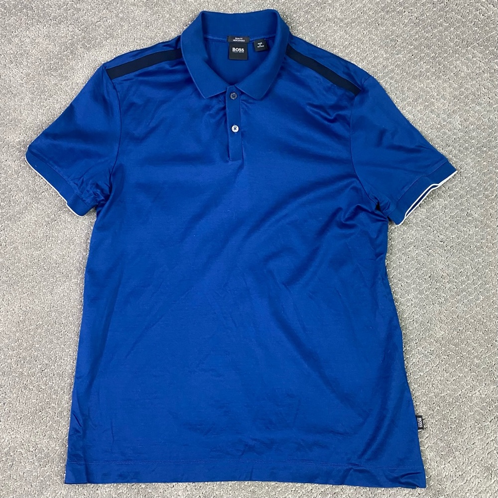 Hugo Boss Polo Shirt Men's Large Slim Fit Blue Preppy Mesh Phillipson Mercerised